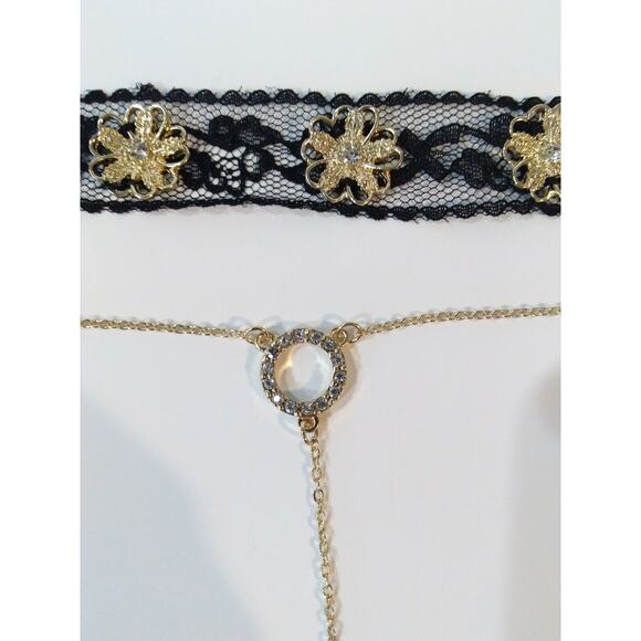 Mia Collection Black Lace & Gold Floral Choker + Diamond Studded Circle Necklace - Picture 4 of 11